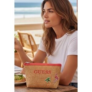 GUESS Straw Bag Pink Tropical Flamingo Palm Tree Clutch New